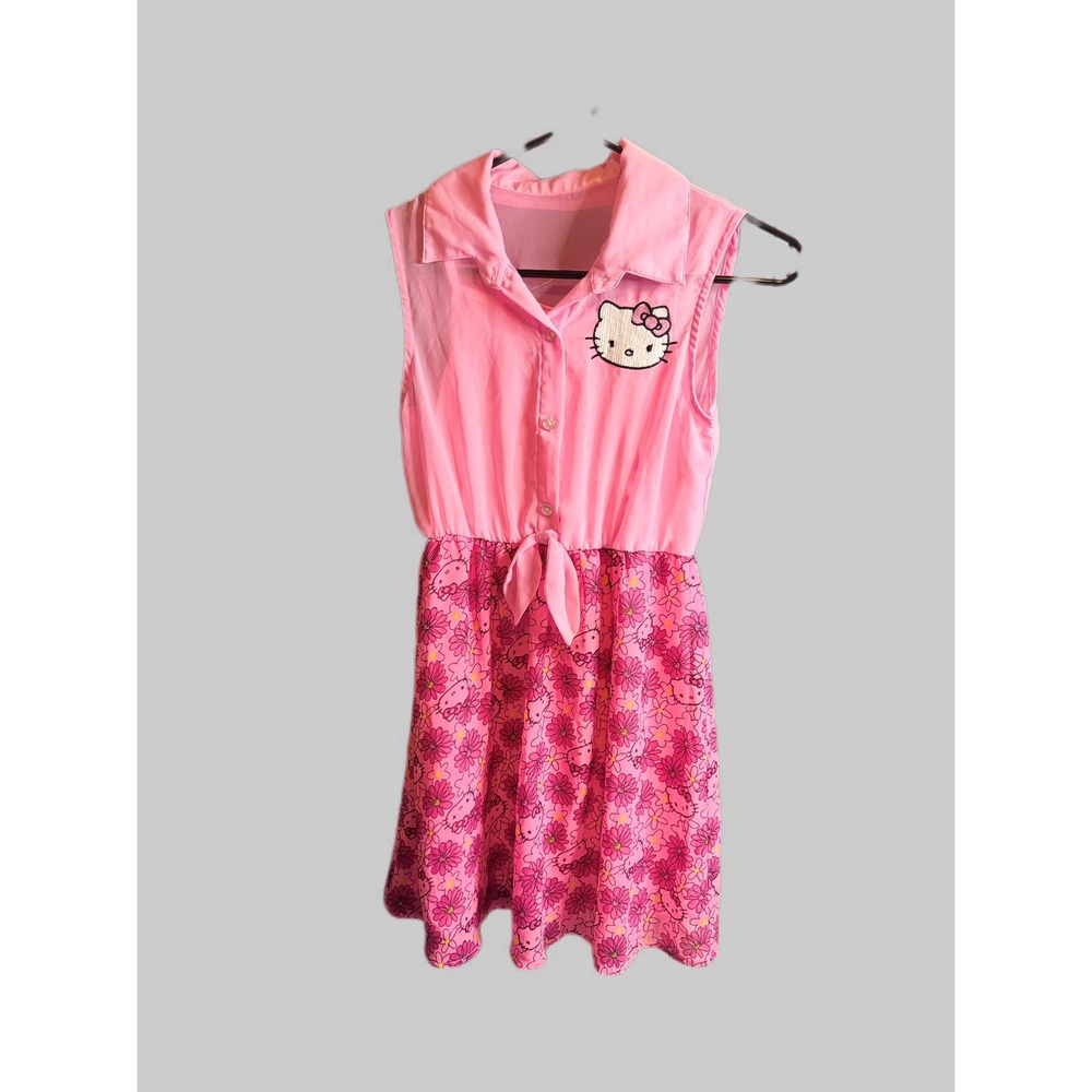 Hello Kitty Sanrio Dress Girls Size L Pink Floral Sleeveless Button Up Cute